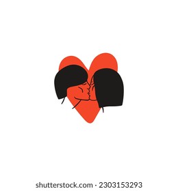 Kissing people. Line portrait. Man and woman couple in love, romantic relationships. Icons with boyfriend and girlfriend together. Valentine day or wedding card, vector isolated illustration set