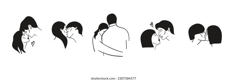 Besando a la gente. Retrato de línea. pareja de hombres y mujeres enamorados, relaciones románticas. Iconos con novio y novia juntos. Día de San Valentín o tarjeta de boda. Conjunto de ilustraciones aisladas de vectores