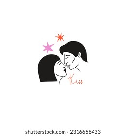 Kissing people. Line portrait. Man and woman couple in love, romantic relationships. Icons with boyfriend and girlfriend together. Valentine day or wedding card, vector isolated illustration