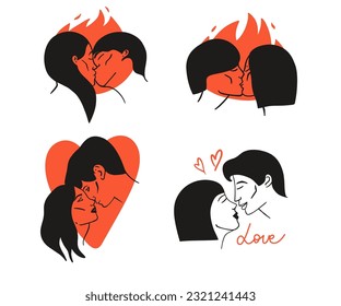 Besando a la gente. Retrato de línea. pareja de hombres y mujeres enamorados, relaciones románticas. Iconos con novio y novia juntos. Día de San Valentín o tarjeta de boda, conjunto de ilustraciones aisladas vectoriales