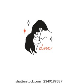 Kissing people. Line portrait. Man and woman couple in love, romantic relationships. Icons with boyfriend and girlfriend together. Valentine day or wedding card, vector isolated illustration