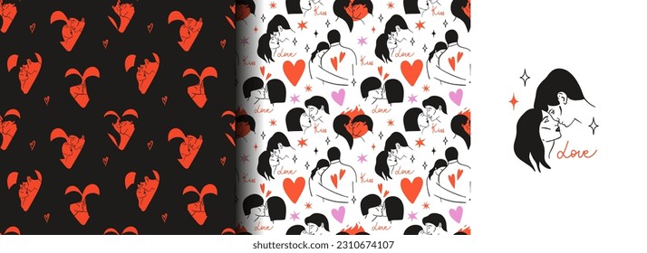 Besar a la gente sin fisuras. Retrato de línea. pareja de hombres y mujeres enamorados, relaciones románticas. Novio y novia. Decoración textil, papel de envoltura, diseño de papel pintado, impresión para vectores de tela