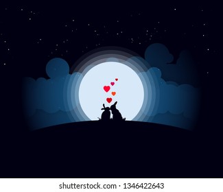 Kissing rabbits against the background of the moonlight