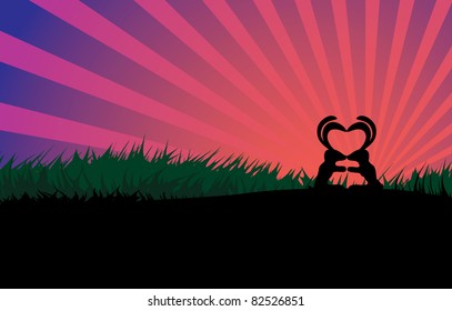 Kissing rabbits couple silhouette