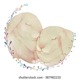 Kissing rabbits in flower frame. Colorful illustration. Valentine's Day card concept. Happy Easter design.