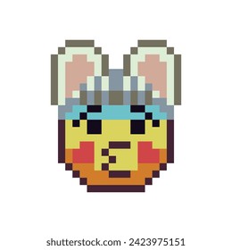 Kissing rainbow emoticon with hearts on cheeks and with bunny ears, pixel art icon, cute face, smile kiss cartoon character. 8-bit flat style. Isolated abstract colorful vector illustration. 