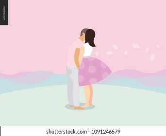 Kissing scene - flat cartoon vector illustration of young couple, boyfriend and girlfriend, kissing, romantic scene with pink hills, leafs and mounains on the background, sunrise, sunset - composition