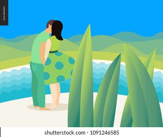 Kissing scene - flat cartoon vector illustration of young couple, boyfriend and girlfriend, kissing on beach, romantic scene with green hills, sea, water and mounains on the background - composition