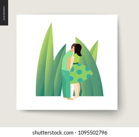 Kissing scene - flat cartoon vector illustration of young couple, boyfriend and girlfriend, kissing on beach, romantic scene with green leaves, grass on the background - postcard