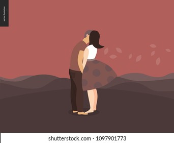 Kissing scene - flat cartoon vector illustration of young couple, boyfriend and girlfriend, kissing, romantic scene with red hills, leaves and mounains on the background, sunrise, sunset - composition