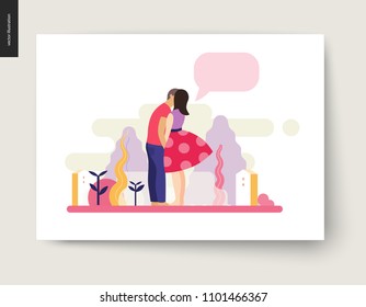 Kissing scene - flat cartoon vector illustration of young couple, boyfriend and girlfriend, kissing, romantic scene with trees, plants, leaves and houses on background, message bubble - composition