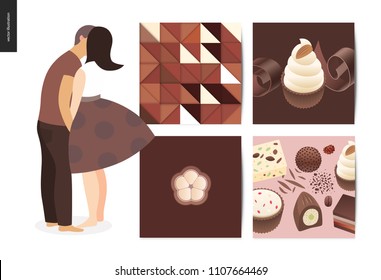 Kissing scene - flat cartoon vector illustration of young couple kissing, chocolate, romantic scene, white sweet cupcakes, crisp bonbons, coffee and cacao, candy, brown abstract pattern - postcard