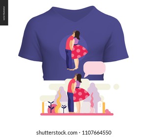 Kissing scene - flat cartoon vector illustration of young couple, boyfriend and girlfriend, kissing, romantic scene, trees, plants, leaves, houses, message bubble, blue t-shirt design - composition