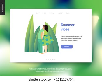 Kissing scene - flat cartoon vector illustration of young couple, boyfriend and girlfriend, kissing on beach, romantic scenery, green leaves, grass - postcard, web template, summer vibes