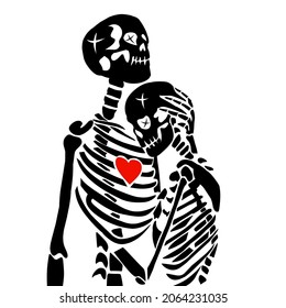 Kissing skull. skeleton in love.Vector illustration of skeletons couple. skeletons in love tattoo designs. The Kiss of Death. Skeletons with heart 