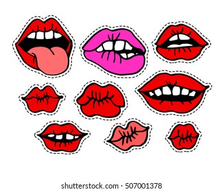 Küssen lächelnde rote Lippen. Set von Cartoon-Stiften im Pop-Art-Stil der 80er Jahre. Vektorgrafik.