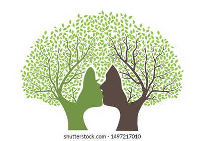 Kissing trees with human face, vector illustration