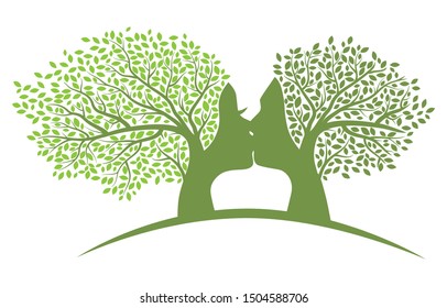 Kissing trees with human faces, vector