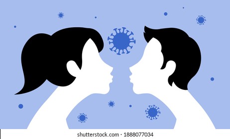 The Kissing. A young couple is trying to kiss. Silhouettes of people in love. The concept of relationships in lockdown, social distance, love, dating. Good for Valentine's Day. Vector flat.