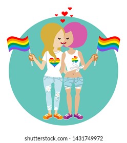 Kissing young lesbian couple holding rainbow flags - LGBT parade concept image clipart