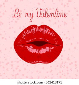 Kiss.Lips.Lip.Valentines day lettering text card,background,banner.Valentine red kissing  cartoon sexy lips  icons Valentines day party presentation on hearts intimacy background.vector illustration