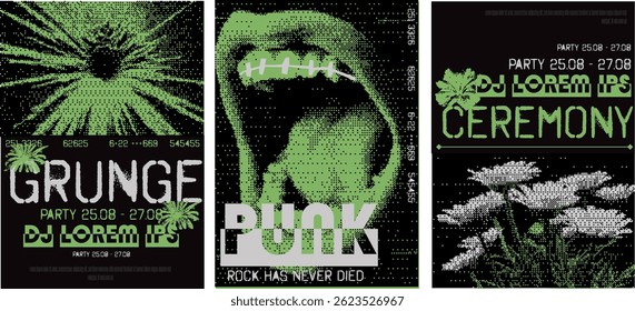 Kit de 3 folhetos no estilo bitmap. Cores verdes ácidas com preto e branco. Boca de riso com rabiscos. Modelos de colagem Vetor Poster.