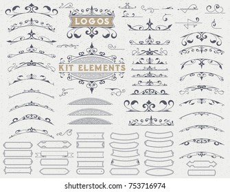 Kit of 75 Vintage Elements for Invitations, Banners, Posters, Placards, Badges or Logotypes.