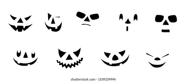 Kit of 9 elements Black-Eyes Grimaces Halloween Pumpkin Scary Faces isolated over the white background with different characters and emotions.