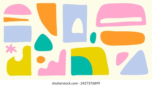 Kit of abstract shapes. Vector graphic elemenets set. Kid nature organic blob in naive style illustration. Bright childish colors. 