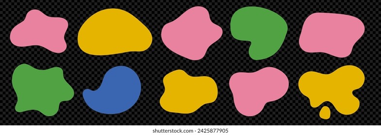 A kit  of abstract simple rounded liquid blob shapes. Irregular random fluid design rounded elements. Vector trendy illustration on transparent bg as a png.