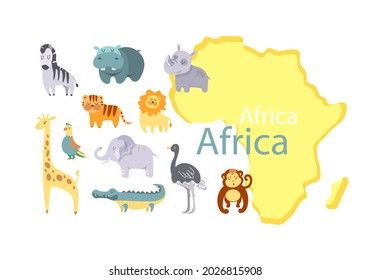 Kit Animals of Africa Rhino, hippo, zebra tiger lion elephant parrot giraffe crocodile ostrich monkey. Mainland Beasts Set Vector stock illustration White background Flat style Childrens illustration