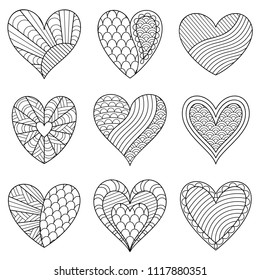 Kit of Black and White Contour Hearts with Ornament for Page of Coloring Book. Set of Design Elements for Anti-Stress Therapy.