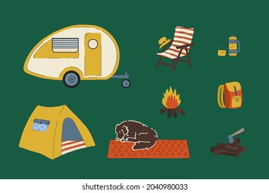 Kit For Campers RV And Life In The Forest. Camping Set Illustrations Of A Campfire, A Dog, Firewood, A Thermos, A Tourist's Backpack. A Mobile Trailer, A Tent, A Chair And A Panama Hat. Vector