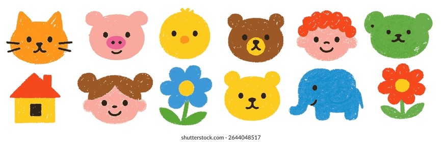 A kit of cartoon animals. Chalk texture. Cute set of crayon elements. Vector illustration