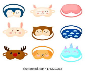 Kit máscara de sueño para niños con un diseño diferente sobre fondo blanco. Poner máscara facial para dormir a humanos con perro, ciervo, búho, oveja, conejo, pingüino, unico y nube en ilustración vectorial de estilo plano.