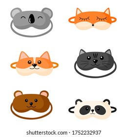 Kit children s sleep mask with different design on white background. Set face mask for sleeping human with corgi, cat, panda, fox,bear, koala in flat style vector illustration.