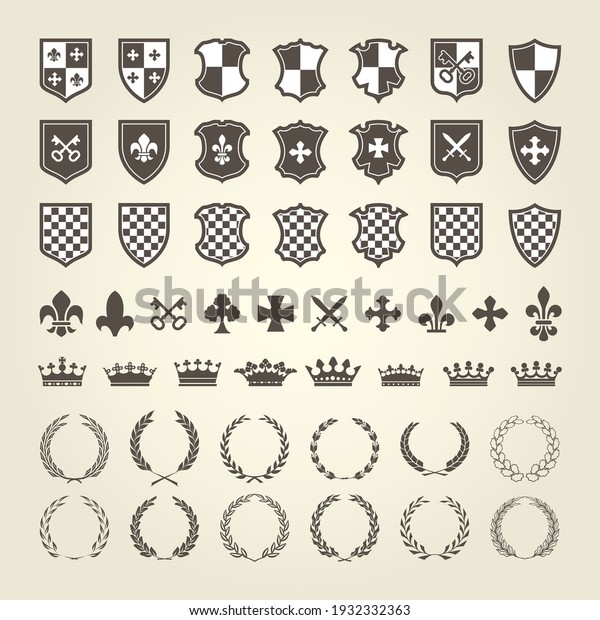 Kit of coat of\
arms for knight shields and royal emblems with laurel wreath,\
heraldry blazon elements,\
vector