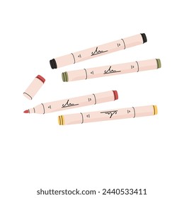 Kit of colored permanent markers. Open and closed bright highlighters of different colours. Drawing tools, art supplies, painting stationery. Flat isolated vector illustration on white background