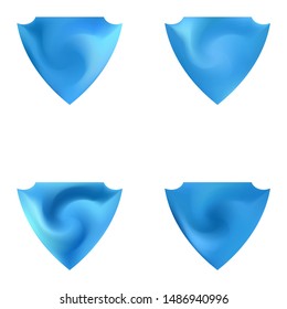 Kit of colorful backgrounds in the form of a shield. Trendy soft color element. Holographic style of 80th. Blue elegant and effective, smooth blurred modern gradient covers.