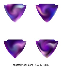 Kit of colorful backgrounds in the form of a shield. Neon style of 80th. Trendy soft color effect. Violet elegant and effective, smooth blurred modern gradient covers.