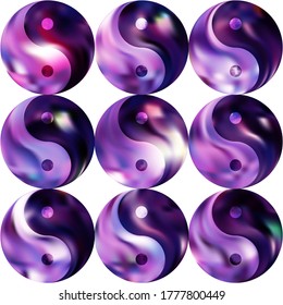 Kit of colorful backgrounds with yin yang. Isolated original liquid backdrop. Trendy soft color logo. Violet modern and effective, smooth blurred elegant gradient covers.