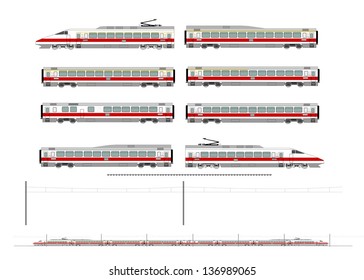 Kit contains: 1st and 2nd class motor unit, 1st and 2nd class coach car, one 1st/2nd clas coach car, one dining car, railroad track, overhead catenary and plan to build.