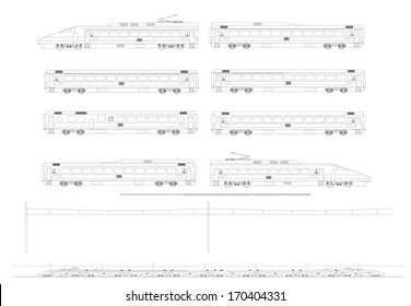 Kit contains: 1st and 2nd class motor unit, 1st and 2nd class coach car, one 1st/2nd clas coach car, one dining car, railroad track, overhead catenary and plan to build.