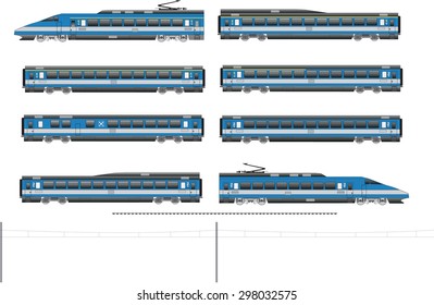 Kit contains: 1st and 2nd class motor unit, 1st and 2nd class coach car, one 1st/2nd clas coach car, one dining car, railroad track, overhead catenary and plan to build.