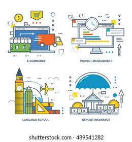The kit contains illustrations for e-commerce, project management and control, of language training schools and deposit insurance. Vector illustration.