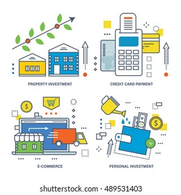 The kit contains illustrations on economic issues - investments and types of investments, property investment, credit card payment, e-commerce, personal investment.