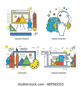 The kit contains illustrations on the theme of modern education, training of design and design, as well as training and development of the brain. Vector illustration.