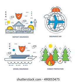 The kit contains illustrations on the theme of insurance and types of insurance, protection of forests and the environment. Vector illustrations can be used in banners, brochures.