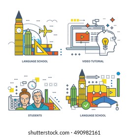 The kit contains illustrations on the theme of contemporary education, students, language school, training videos. Vector illustration. You can use banners, advertisements, brochures and projects.