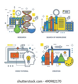 The kit contains illustrations on the theme of education and research, creativity and the search for knowledge. Vector illustration. You can use banners, advertisements, brochures and projects.